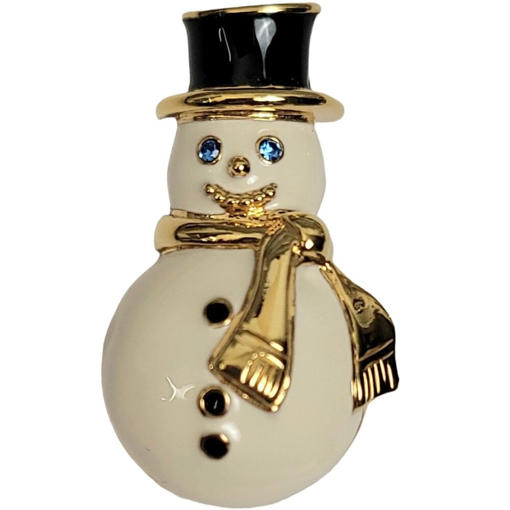 Monet Gold-Tone Black & White Enamel Blue Rhinestone Eye Snowman Brooch Pin